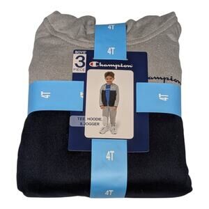 Champion Sweatsuit Boys 4T Gray Navy Blue 3 Piece Joggers Zip Up Hoodie Tshirt